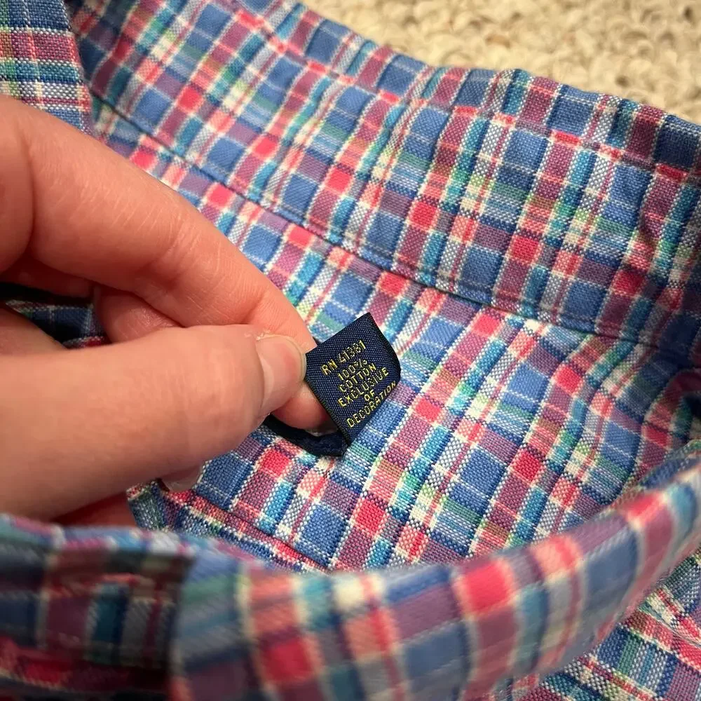 Ralph Lauren Men's Button Down Long Sleeve Shirt Sz L Plaid Flesh Pony Blue Pink